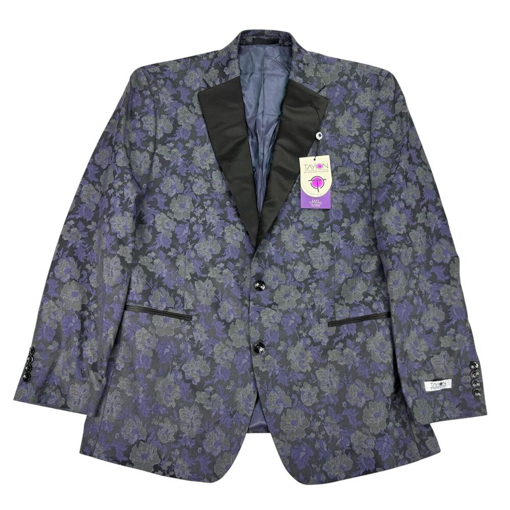 Tayion Mens Classic Fit Jacquard Floral Dinner Suit Jacket Gray Purple 44R